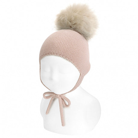 Condor Merino Blend Knit Hat, Earflaps and Faux Fur Pompom Nude