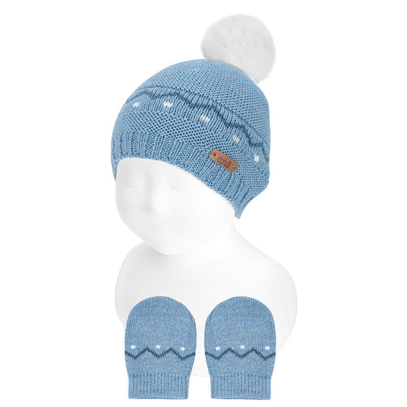 Merino wool blend border set (knit hat + mittens) Air Blue