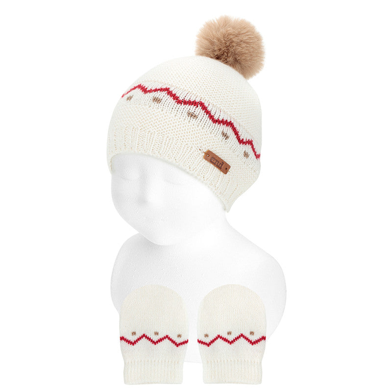 Merino wool blend border set (knit hat + mittens) Beige