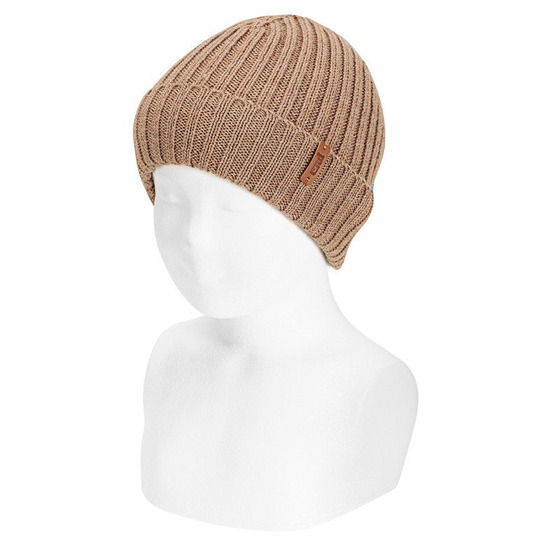 Condor Merino wool-blend fold-over ribbed beanie Biscuit