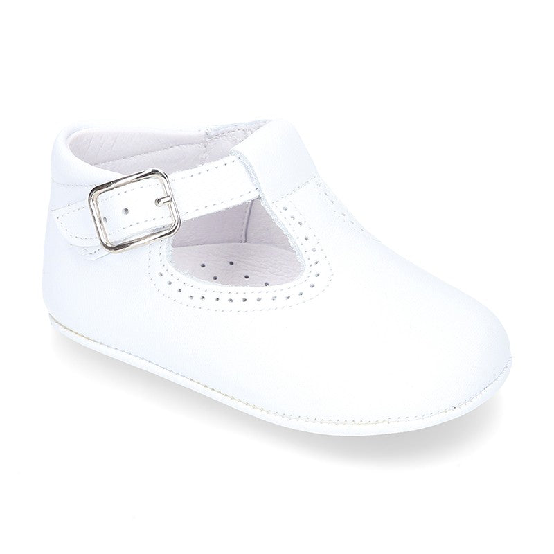 Classic White Leather T-Bar Pram Shoes