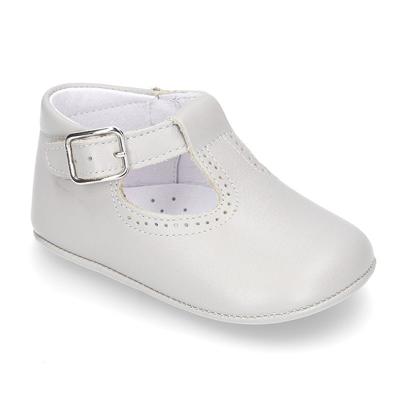 Classic Pearl Grey Leather T-Bar Pram Shoes