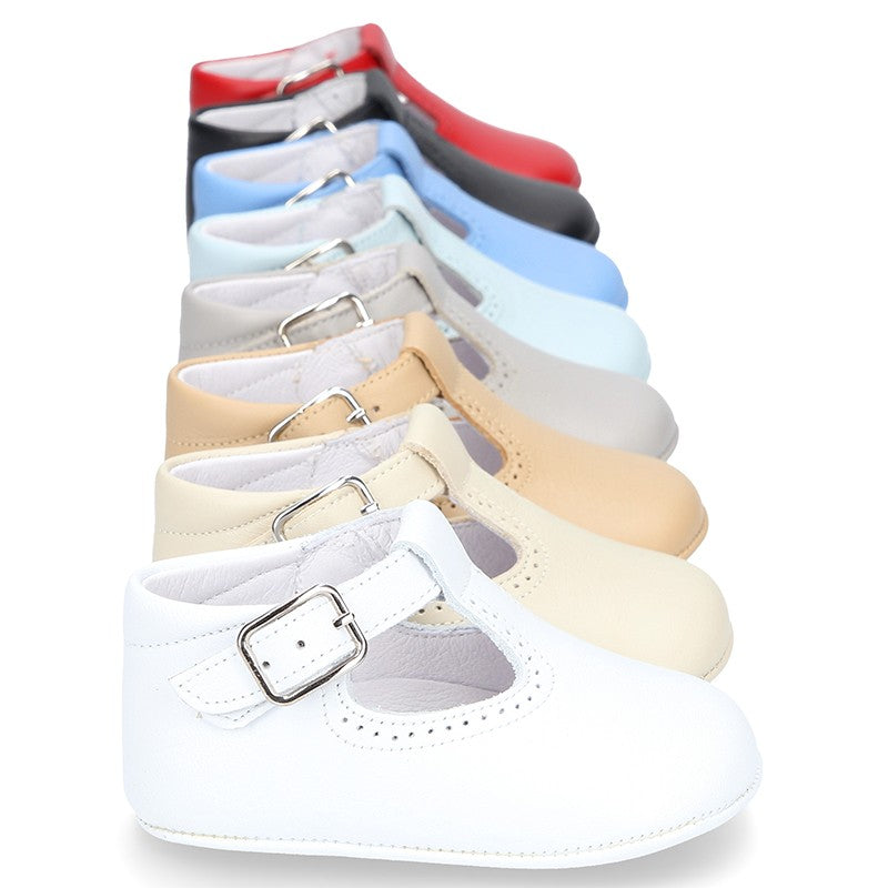 Classic Ivory Leather T-Bar Pram Shoes