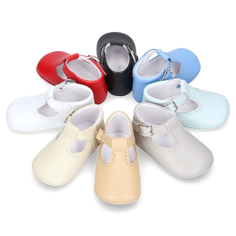 Classic Red Leather T-Bar Pram Shoes