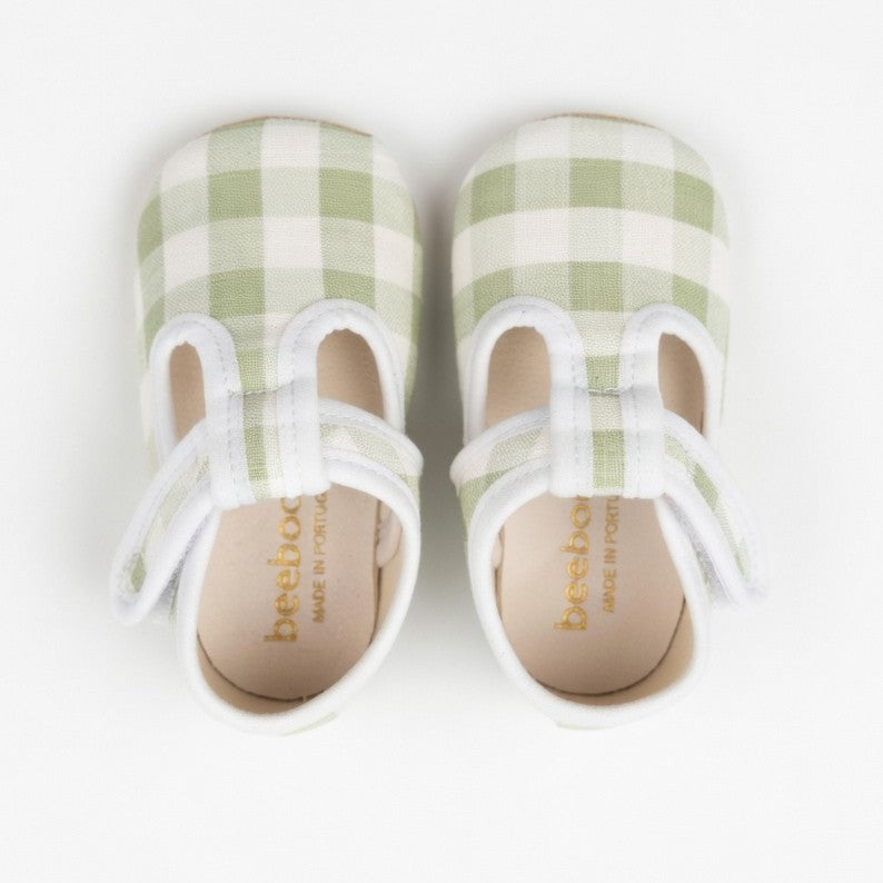 Baby Sage Gingham Linen T-Bar Pram Shoes