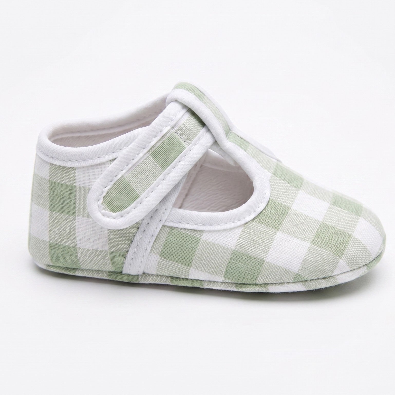 Baby Sage Gingham Linen T-Bar Pram Shoes