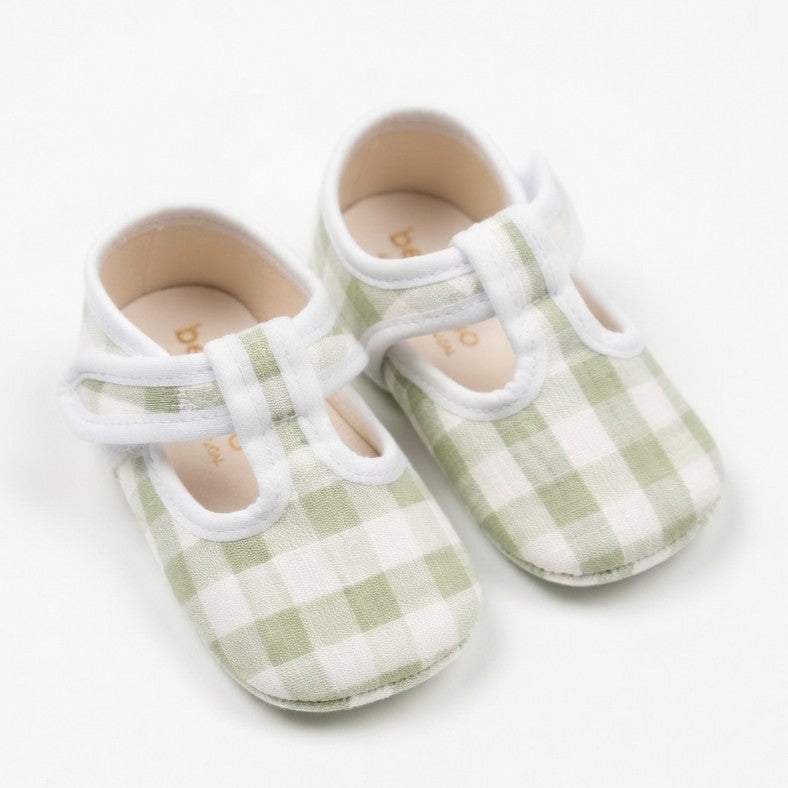 Baby Sage Gingham Linen T-Bar Pram Shoes
