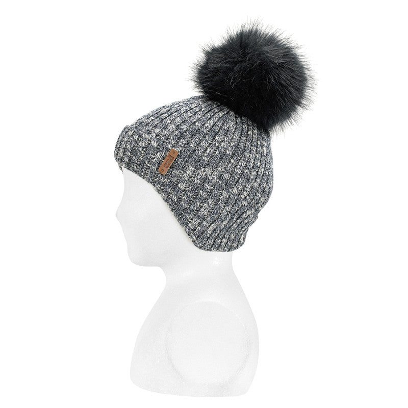 Condor Twisted thread rib knit hat w/earflaps & pompom Linen