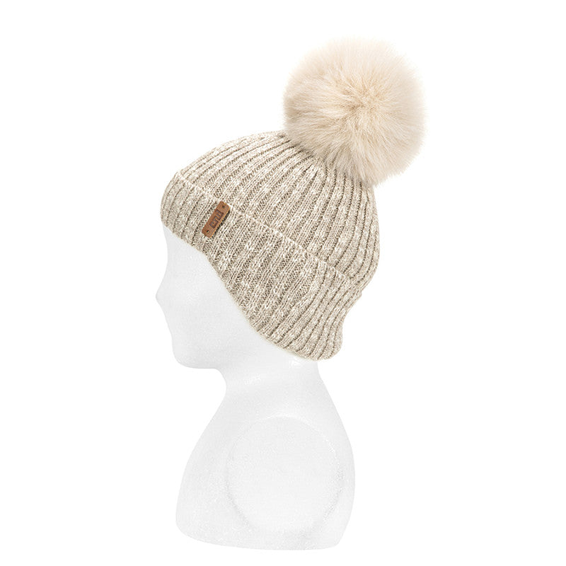 Condor Twisted thread rib knit hat w/earflaps & pompom Linen