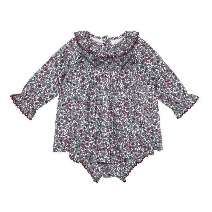 Girl Burgundy Floral Hand Smocked Dress