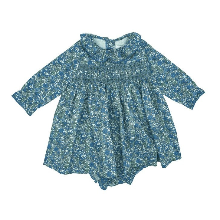 Girl Blue & Green Floral Hand Smocked Dress