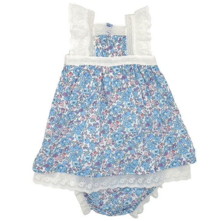 Girl Blue Flowers Liberty Dress with Lace