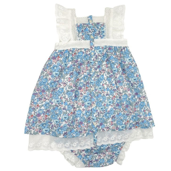 Girl Blue Flowers Liberty Dress with Lace
