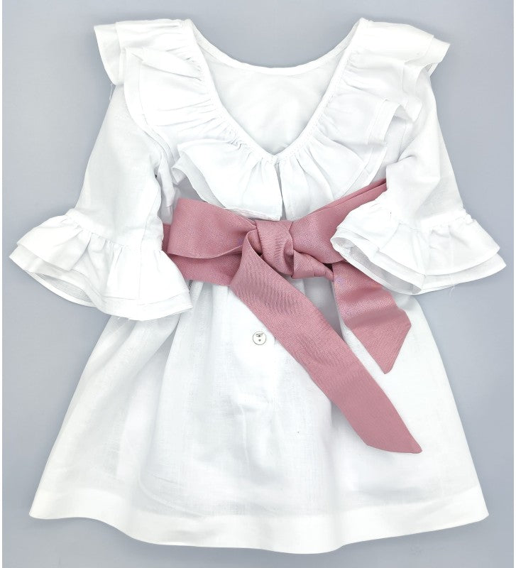 Girl White Linen Dress with Pink Sash
