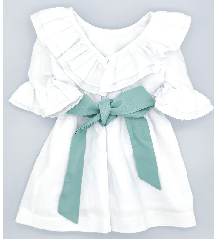 Girl White Linen Dress with Green Sash