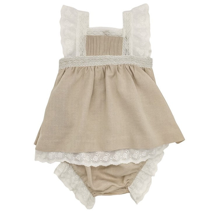 Girl Beige Linen Dress with Lace