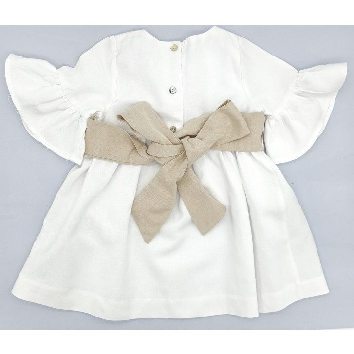 Girl White Linen Dress with Beige Sash