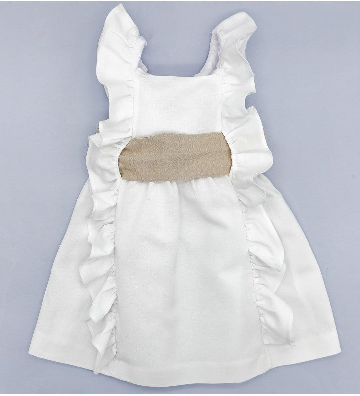 Girl White Linen Dress with Beige Sash